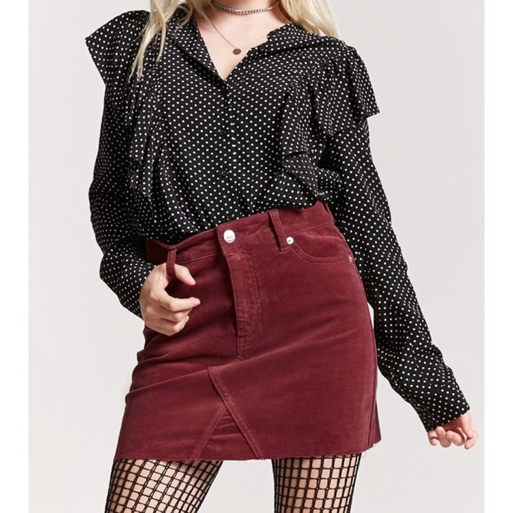 Burgundy Corduroy Mini-skirt with Raw Hem - Picture 1 of 5
